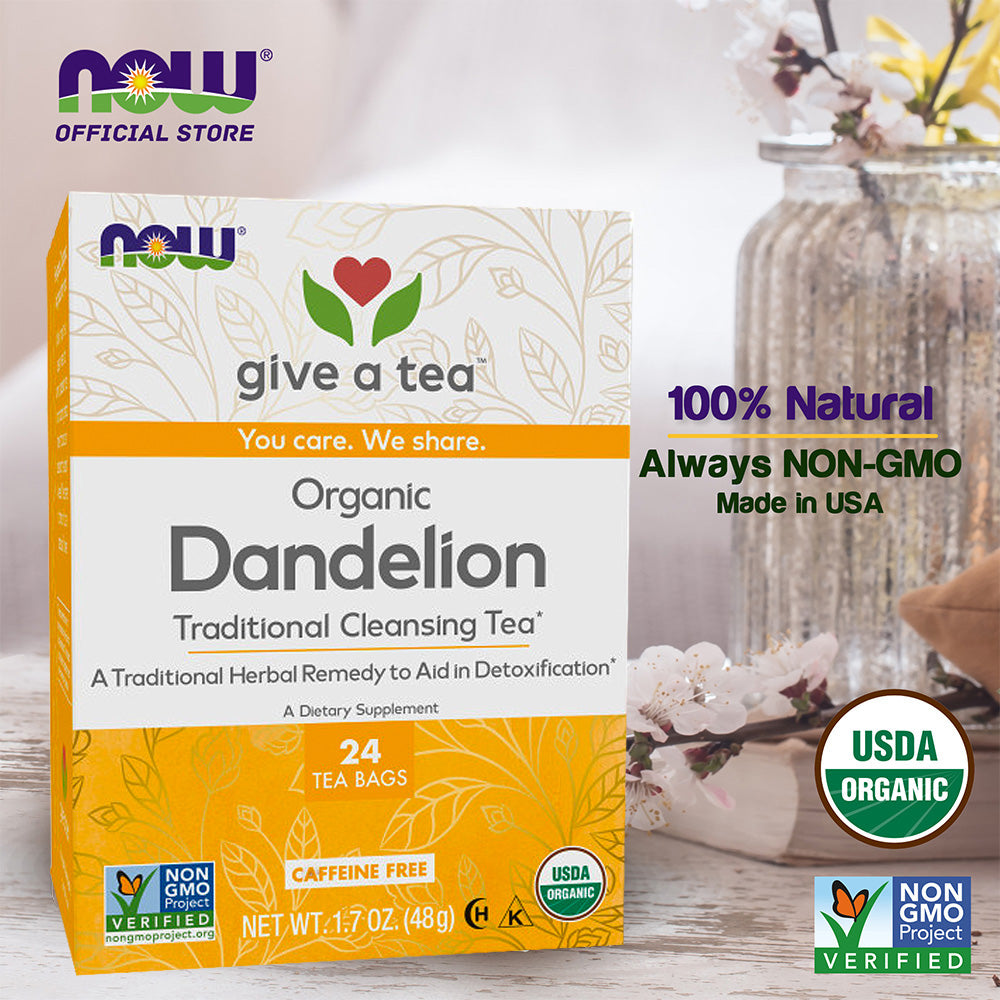 NOW Foods, Certified Organic Dandelion Traditional Cleansing Herbal Tea, Caffeine-Free, Non-GMO, 24-Count - Bloom Concept