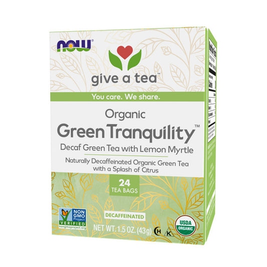 NOW Foods, Certified Organic Green Tranquility™ Tea, Decaf Green with Lemon Myrtle, Non-GMO, 24-Count - Bloom Concept