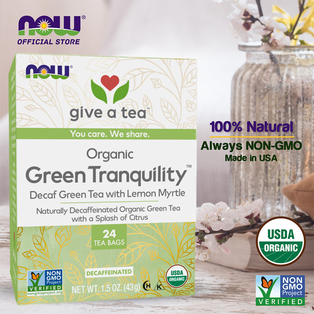 NOW Foods, Certified Organic Green Tranquility™ Tea, Decaf Green with Lemon Myrtle, Non-GMO, 24-Count - Bloom Concept