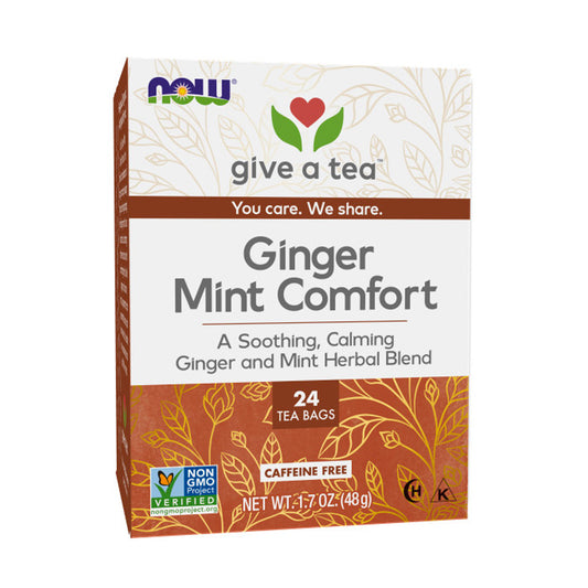 (Best by 06/24) NOW Foods, Ginger Mint Comfort Tea, Calming and Tummy-Pleasing Ginger-Mint Herbal Blend, Caffeine-Free, Non-GMO, 24-Count - Bloom Concept