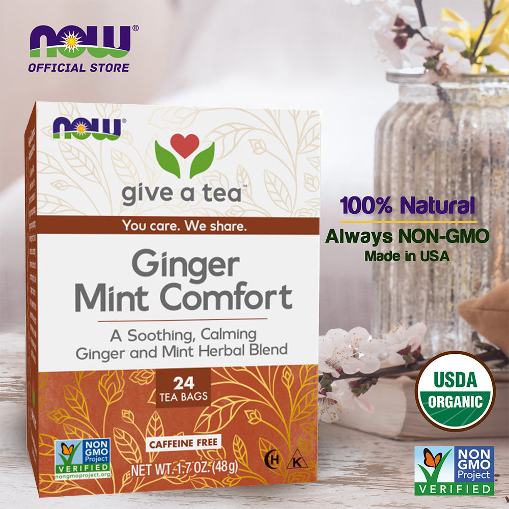 NOW Foods, Ginger Mint Comfort Tea, Calming and Tummy-Pleasing Ginger-Mint Herbal Blend, Caffeine-Free, Non-GMO, 24-Count - Bloom Concept