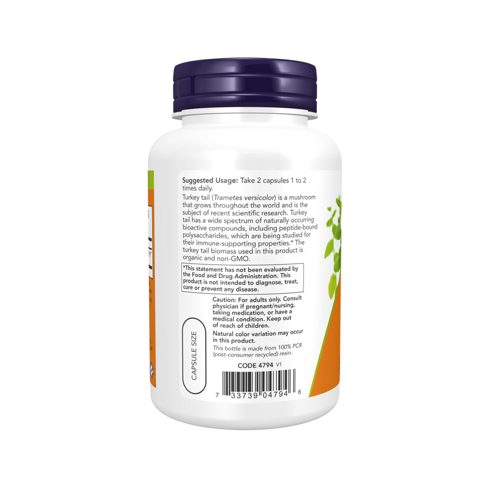 NOW Supplements, Turkey Tail 500 mg, Super Mushroom, Made with Organic Turkey Tail Mushroom and Mycelium, 90 Veg Capsules - Bloom Concept