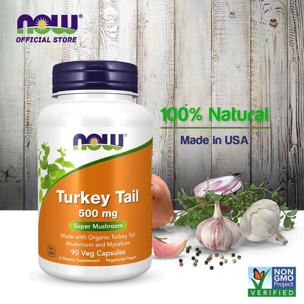 NOW Supplements, Turkey Tail 500 mg, Super Mushroom, Made with Organic Turkey Tail Mushroom and Mycelium, 90 Veg Capsules - Bloom Concept