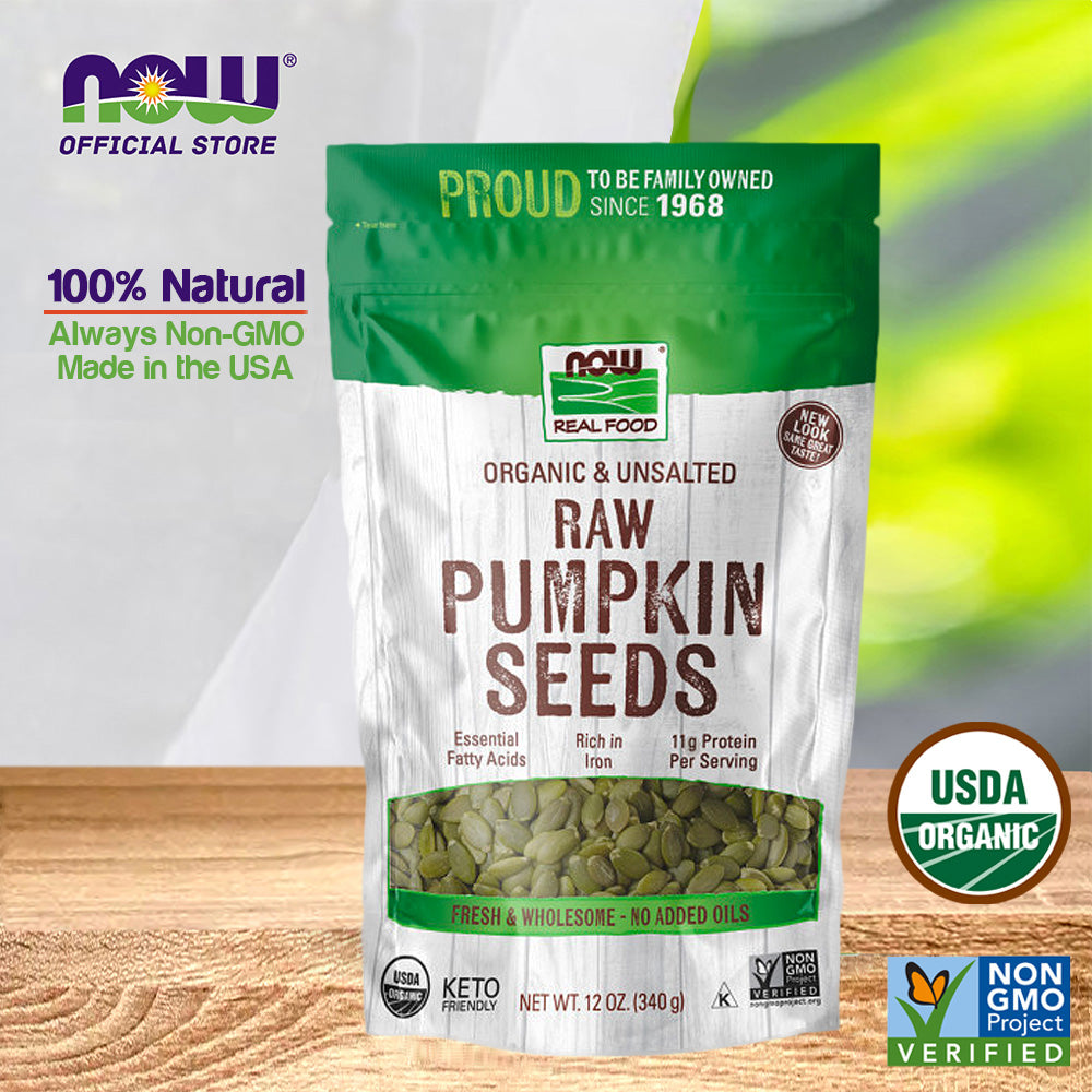 NOW Foods, Organic Pumpkin Seeds, Raw and Unsalted, Excellent Source of Protein and Iron, Certified Non-GMO, Keto-Friendly Snack, 12-Ounce (340g) - Bloom Concept