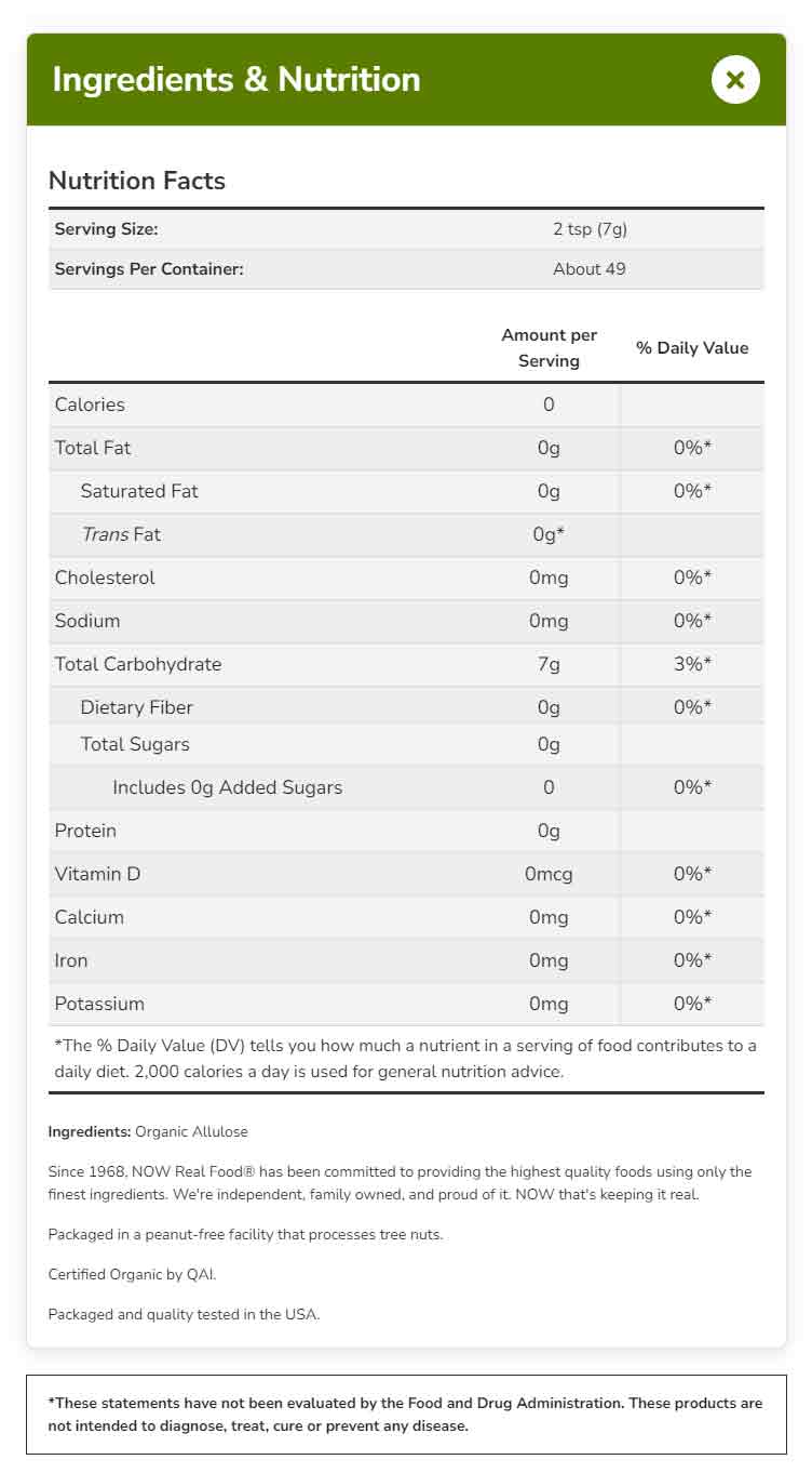 NOW Real Food, Slender Zero, Organic Allulose, Zero Calories, Sugar Substitute for Baking and Beverages, No Added Ingredients, Plant Based, 12 oz (340 g) - Bloom Concept