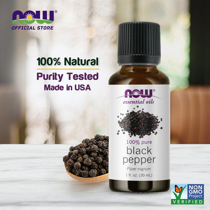 NOW Essential Oils, Black Pepper Oil, Spicy Aromatherapy Scent, Steam Distilled, 100% Pure, Vegan, Child Resistant Cap, 1-Ounce (30ml) Essential oils NOW Foods USA