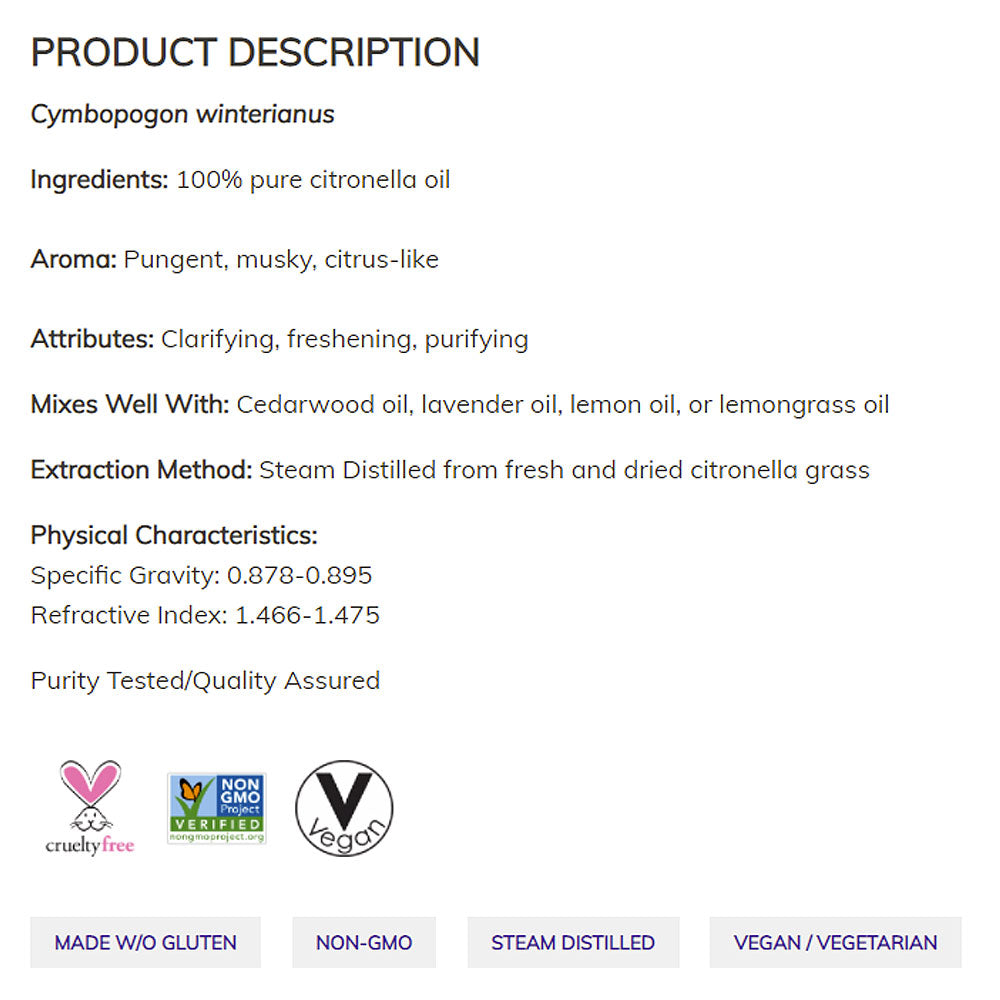 NOW Essential Oils, Citronella Oil, Freshening Aromatherapy Scent, Steam Distilled, 100% Pure, Vegan, Child Resistant Cap, 1-Ounce (30 ml) Essential oils NOW Foods USA