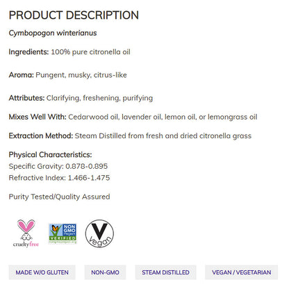 NOW Essential Oils, Citronella Oil, Freshening Aromatherapy Scent, Steam Distilled, 100% Pure, Vegan, Child Resistant Cap, 1-Ounce (30 ml) Essential oils NOW Foods USA