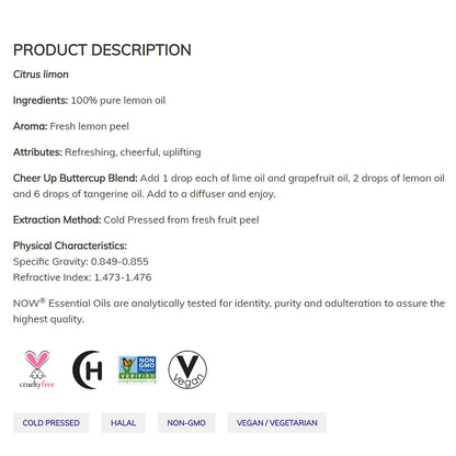 NOW FOODS Essential Oils, Lemon Oil, Cheerful Aromatherapy Scent, Cold Pressed, 100% Pure, Vegan, Child Resistant Cap, 1-Ounce (30 ml) Essential oils NOW Foods USA