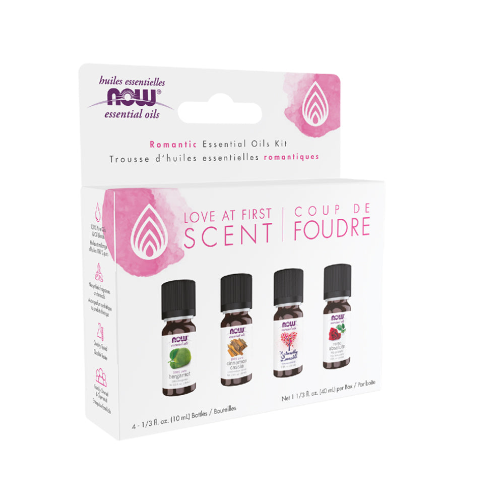 NOW Essential Oils, Love at First Scent Aromatherapy Kit, 4x10ml Including Bergamot, Cinnamon Cassia, Rose Absolute and our Naturally Loveable Essential Oil Blend With Child Resistant Caps Essential oils NOW Foods USA