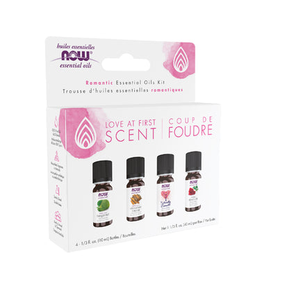 NOW Essential Oils, Love at First Scent Aromatherapy Kit, 4x10ml Including Bergamot, Cinnamon Cassia, Rose Absolute and our Naturally Loveable Essential Oil Blend With Child Resistant Caps Essential oils NOW Foods USA