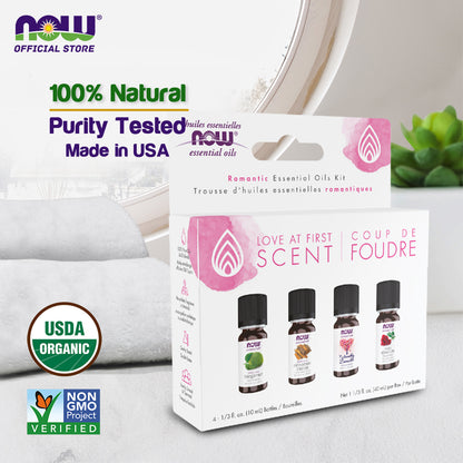 NOW Essential Oils, Love at First Scent Aromatherapy Kit, 4x10ml Including Bergamot, Cinnamon Cassia, Rose Absolute and our Naturally Loveable Essential Oil Blend With Child Resistant Caps Essential oils NOW Foods USA