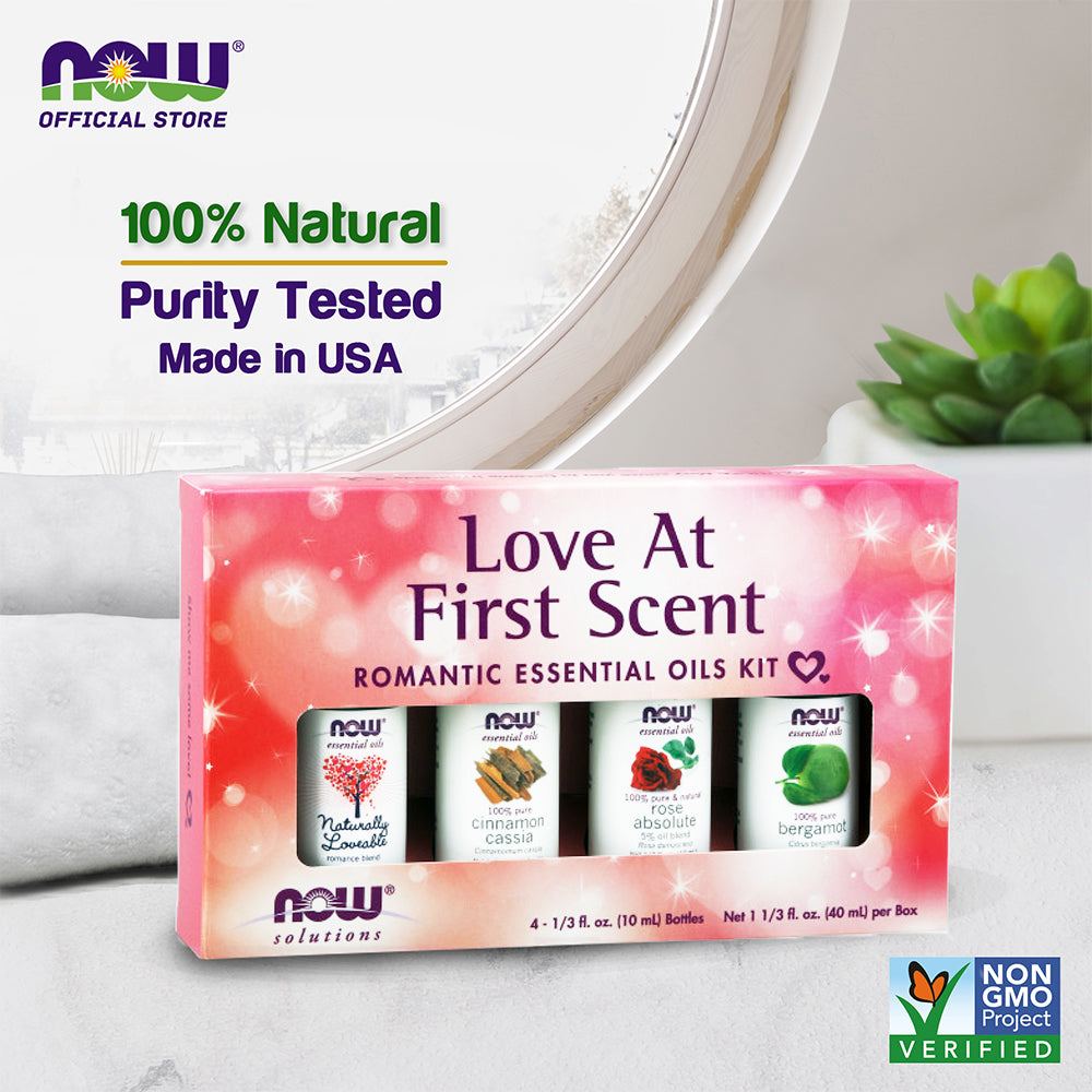 NOW Essential Oils, Love at First Scent Aromatherapy Kit, 4x10ml Including Bergamot, Cinnamon Cassia, Rose Absolute and our Naturally Loveable Essential Oil Blend With Child Resistant Caps Essential oils NOW Foods USA