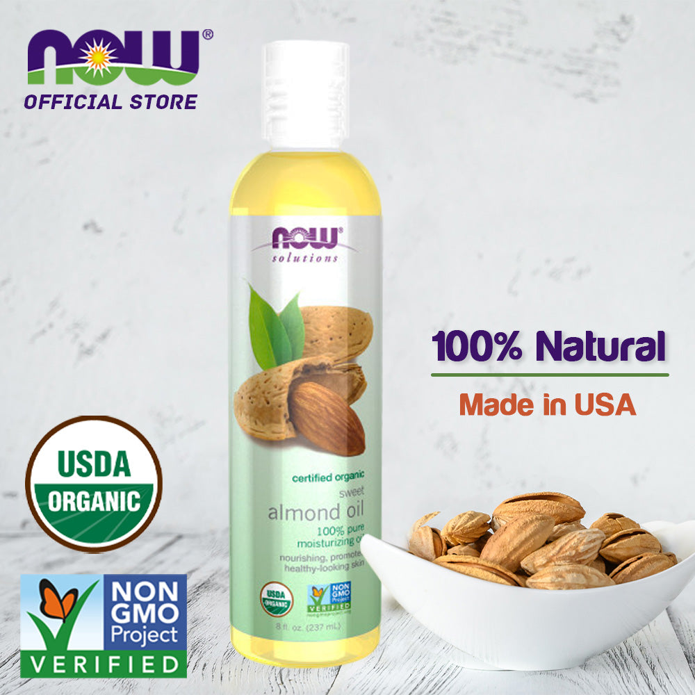 NOW Solutions, Organic Sweet Almond Oil, 100% Pure Moisturizing Oil, Promotes Healthy-Looking Skin, Unscented Oil, 8-Ounce (237ml) - Bloom Concept