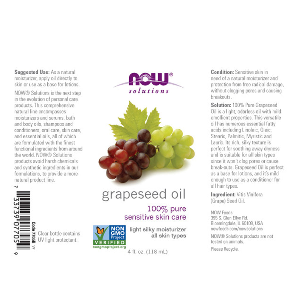 NOW Solutions, Grapeseed Oil, Skin Care for Sensitive Skin, Light Silky Moisturizer for All Skin Types, 4-Ounce (118ml) - Bloom Concept