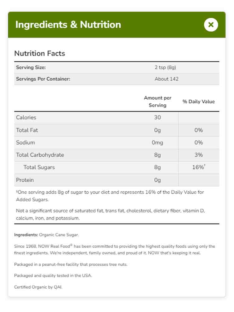 NOW Foods, Certified Organic Cane Sugar, Powder from Pure Evaporated Cane Syrup, Excellent Substitute for Refined White Sugar, Certified Non-GMO, 2.5-Pound. (1134g) - Bloom Concept