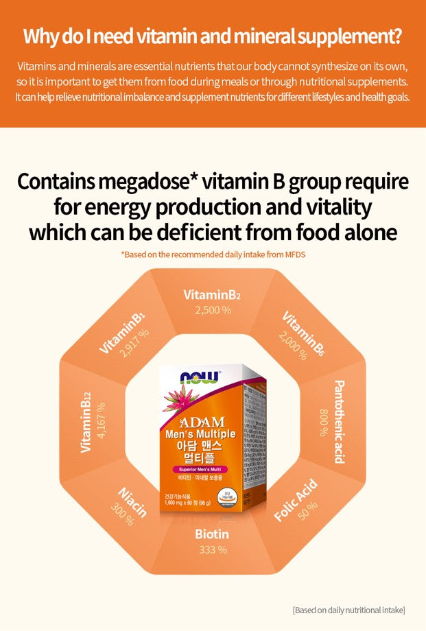 (Best by 07/24) Now Foods Adam Men's Multiple 1,600mg 60 Tablets - Multi-Vitamin for Men - Bloom Concept