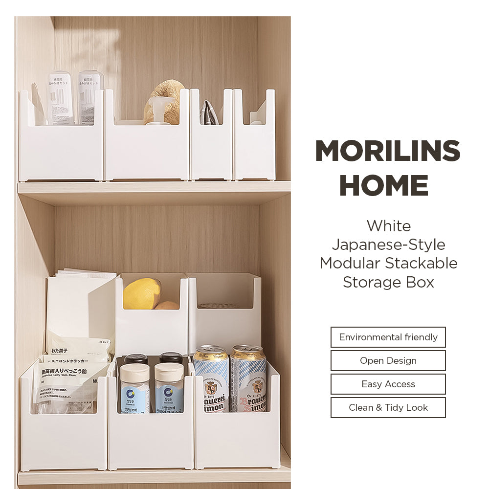 [Morilins Home] White Japanese-Style Modular Stackable Storage Box with Label Holder - Clean & Tidy Look with Easy Access for Sundries, Snacks, Kitchenware & Cosmetics - Bloom Concept