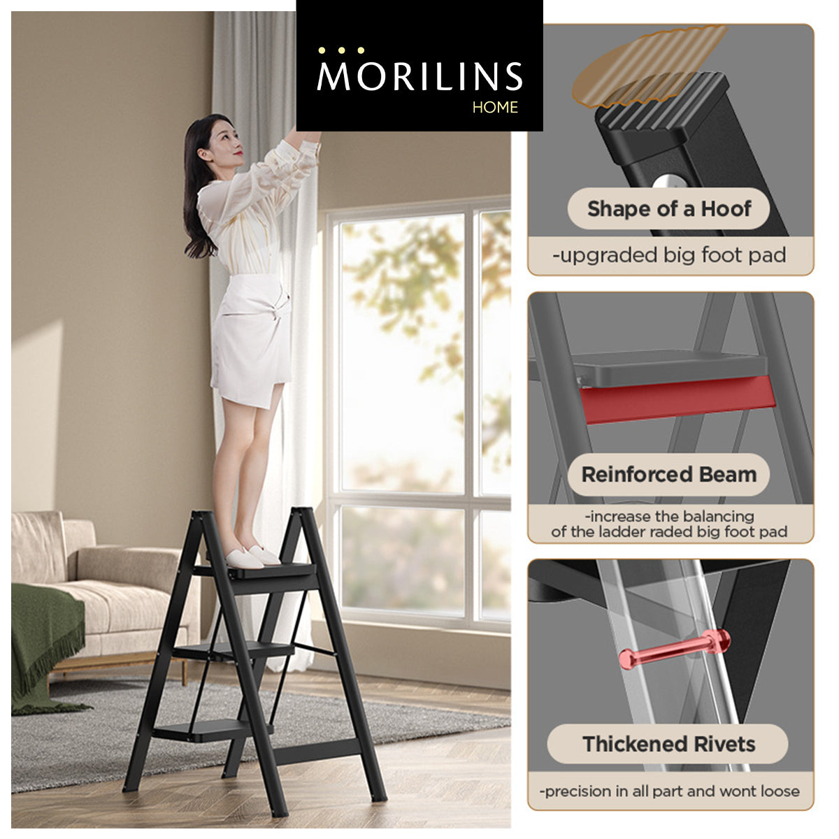 [Morilins Home] Modern Minimalist Ultra-Thin 3-Step / 4-Step Lightweight Folding Ladder - Wide Anti-Slip Steps, Multi-Functional, Ideal for Home & Office (Supports up to 150kg) - Bloom Concept