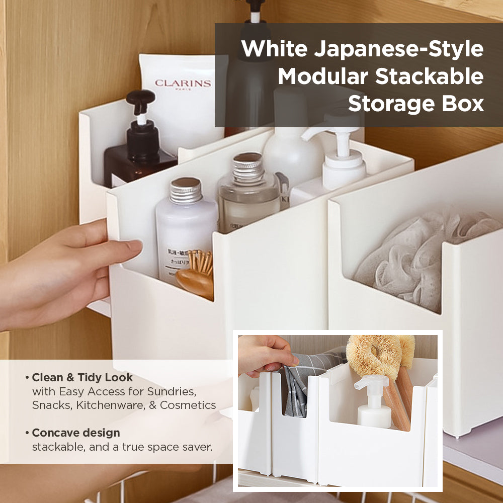 [Morilins Home] White Japanese-Style Modular Stackable Storage Box with Label Holder - Clean & Tidy Look with Easy Access for Sundries, Snacks, Kitchenware & Cosmetics - Bloom Concept