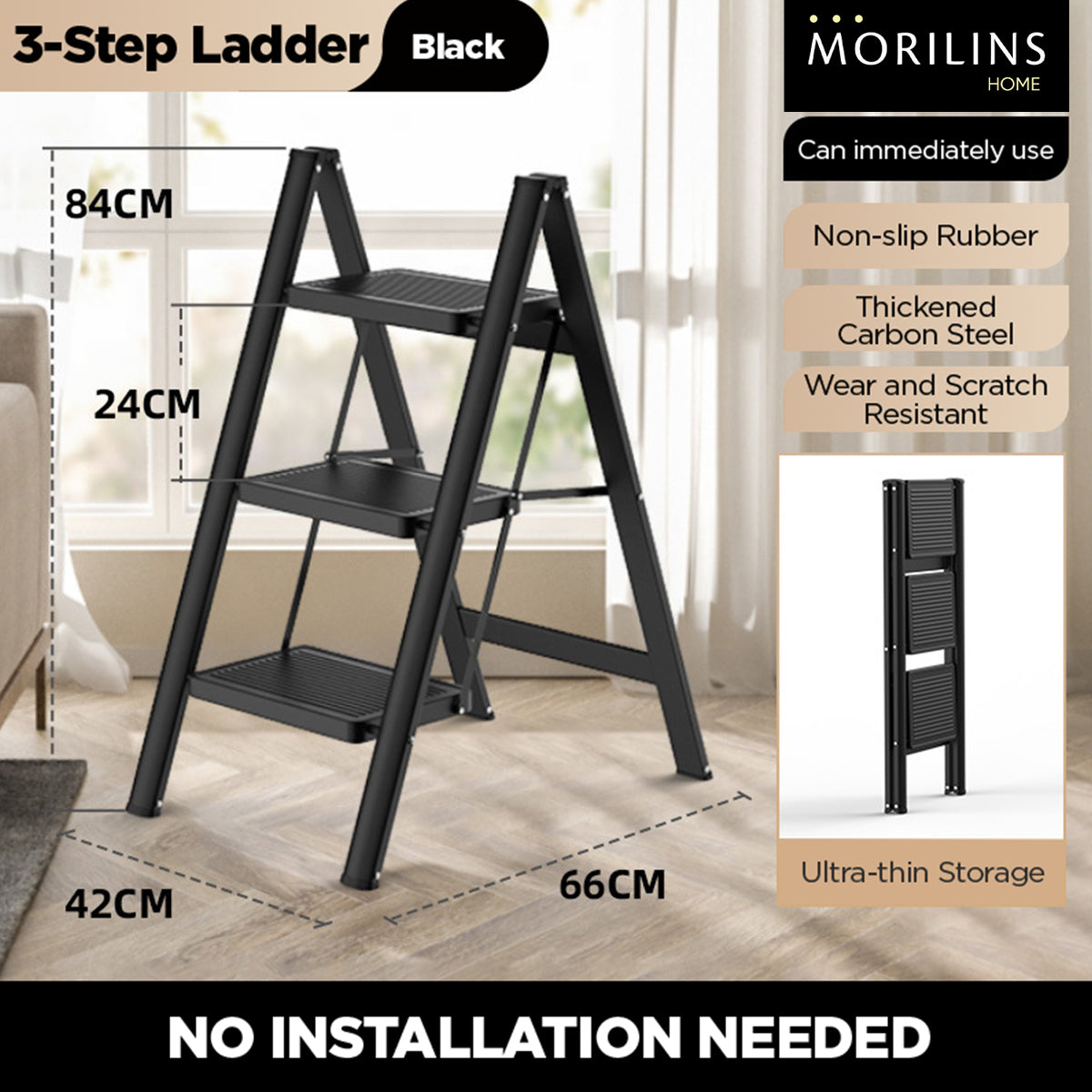 [Morilins Home] Modern Minimalist Ultra-Thin 3-Step / 4-Step Lightweight Folding Ladder - Wide Anti-Slip Steps, Multi-Functional, Ideal for Home & Office (Supports up to 150kg) - Bloom Concept