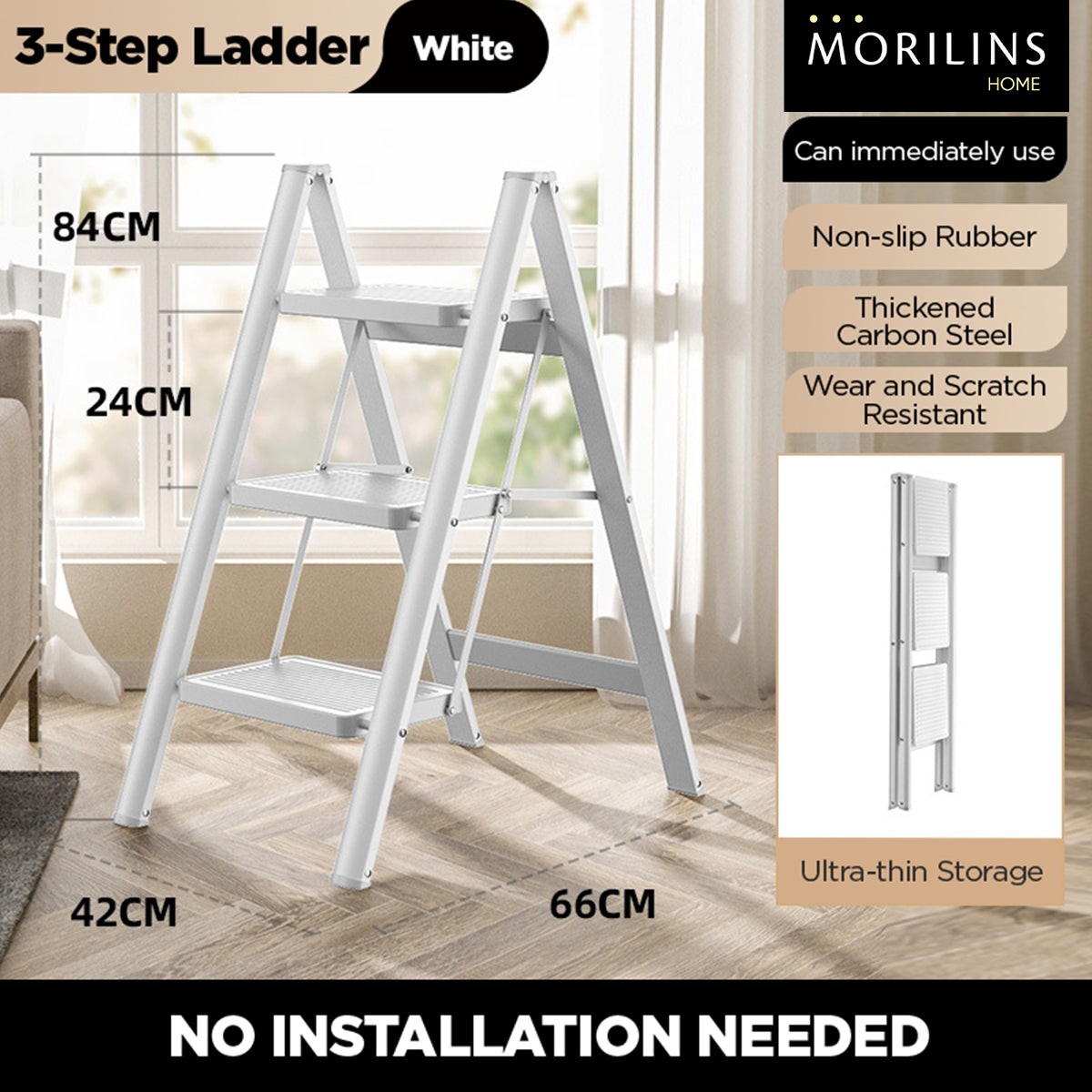 [Morilins Home] Modern Minimalist Ultra-Thin 3-Step / 4-Step Lightweight Folding Ladder - Wide Anti-Slip Steps, Multi-Functional, Ideal for Home & Office (Supports up to 150kg) - Bloom Concept