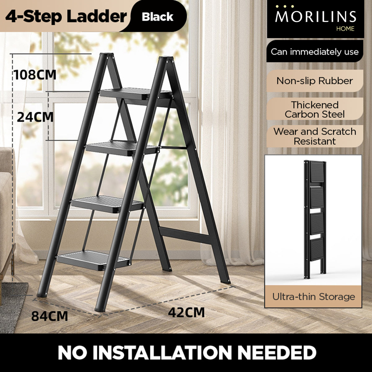 [Morilins Home] Modern Minimalist Ultra-Thin 3-Step / 4-Step Lightweight Folding Ladder - Wide Anti-Slip Steps, Multi-Functional, Ideal for Home & Office (Supports up to 150kg) - Bloom Concept