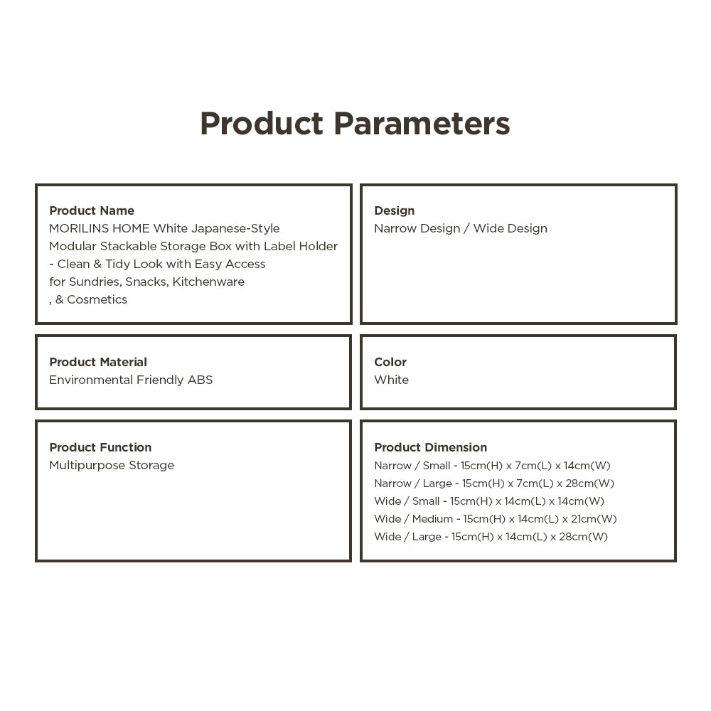 [Morilins Home] White Japanese-Style Modular Stackable Storage Box with Label Holder - Clean & Tidy Look with Easy Access for Sundries, Snacks, Kitchenware & Cosmetics - Bloom Concept
