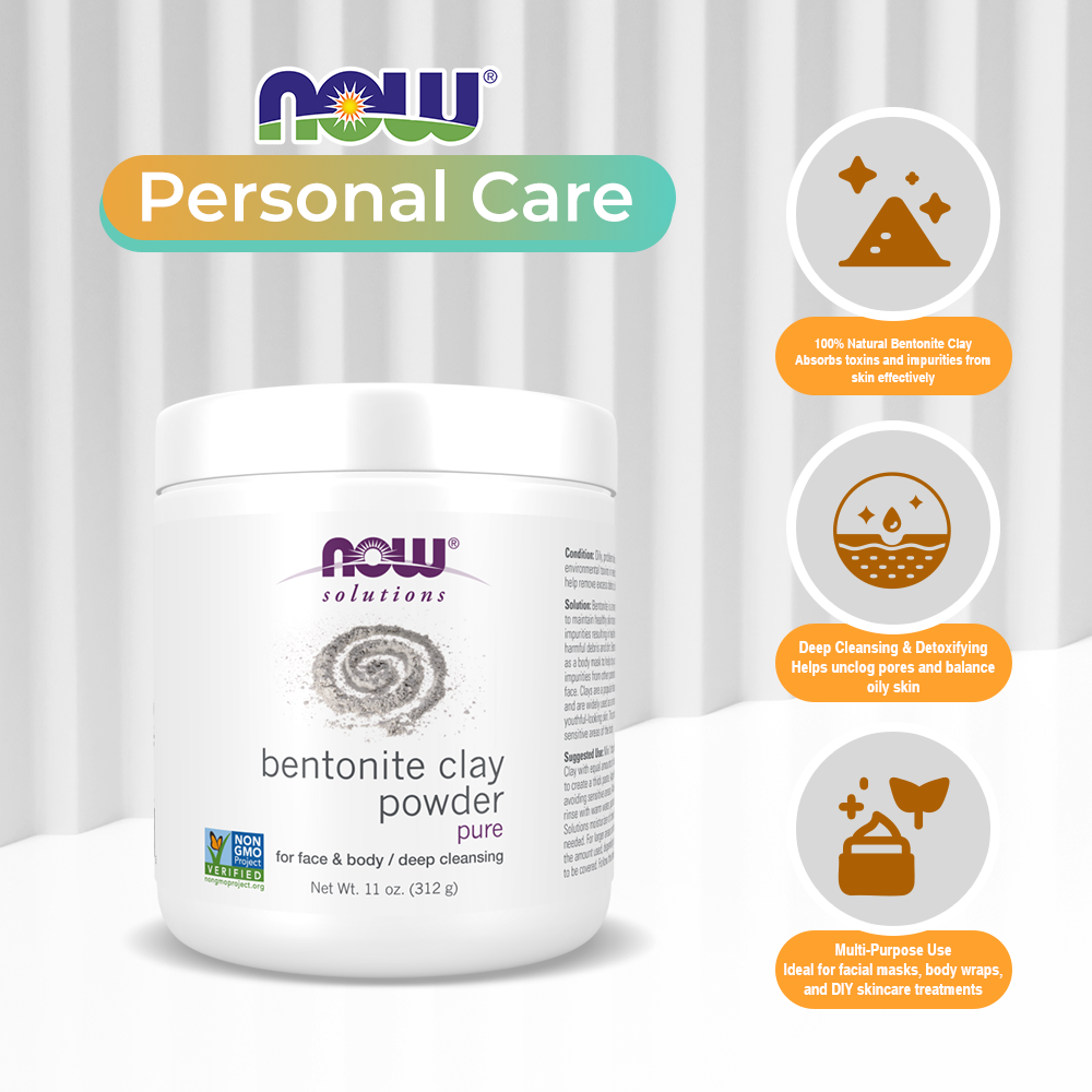 NOW Solutions,  11-Ounce (312 g)Bentonite Clay Powder, Pure Powder for Face and Body, Great for Oily Problem Skin,