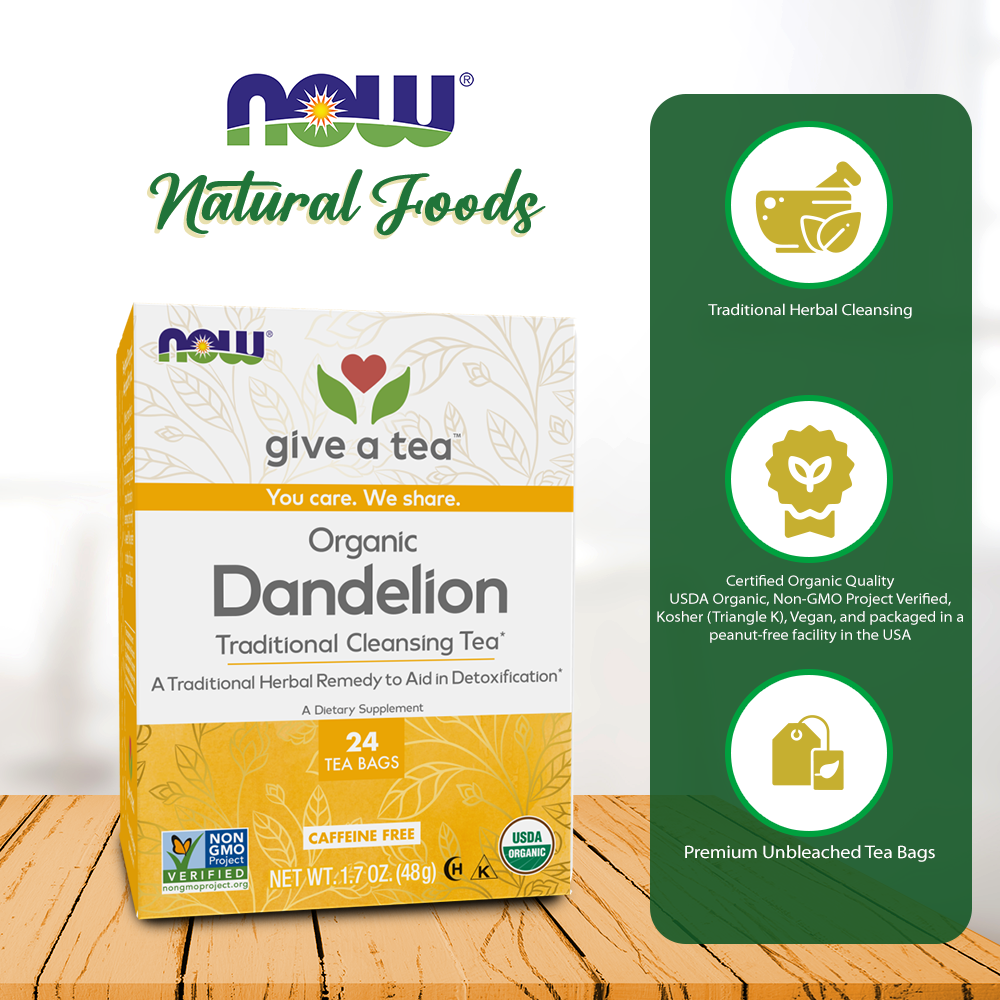 NOW Foods, Certified Organic Dandelion Traditional Cleansing Herbal Tea, Caffeine-Free, Non-GMO, 24-Count Natural Foods NOW Foods USA