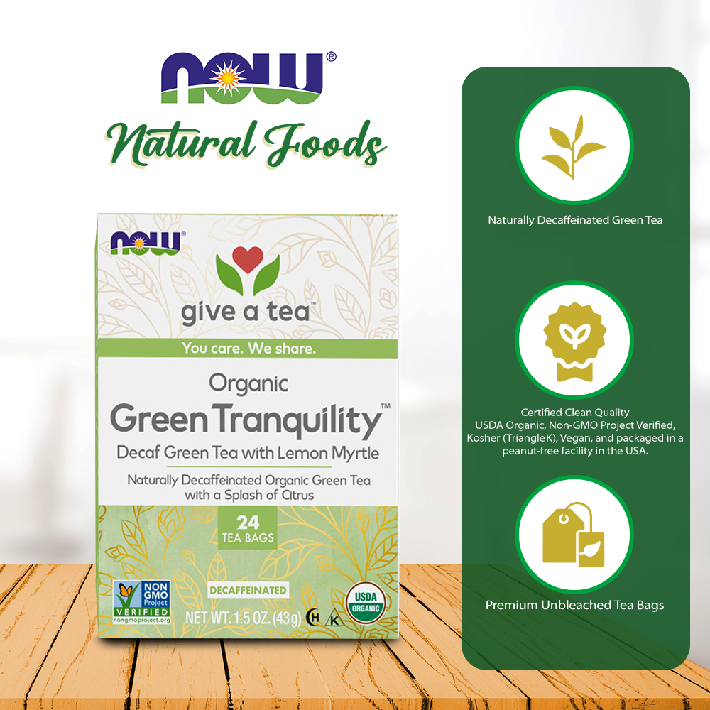 NOW Foods, Certified Organic Green Tranquility™ Tea, Decaf Green with Lemon Myrtle, Non-GMO, 24-Count Natural Foods NOW Foods USA