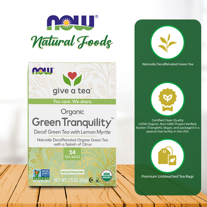 NOW Foods, Certified Organic Green Tranquility™ Tea, Decaf Green with Lemon Myrtle, Non-GMO, 24-Count Natural Foods NOW Foods USA