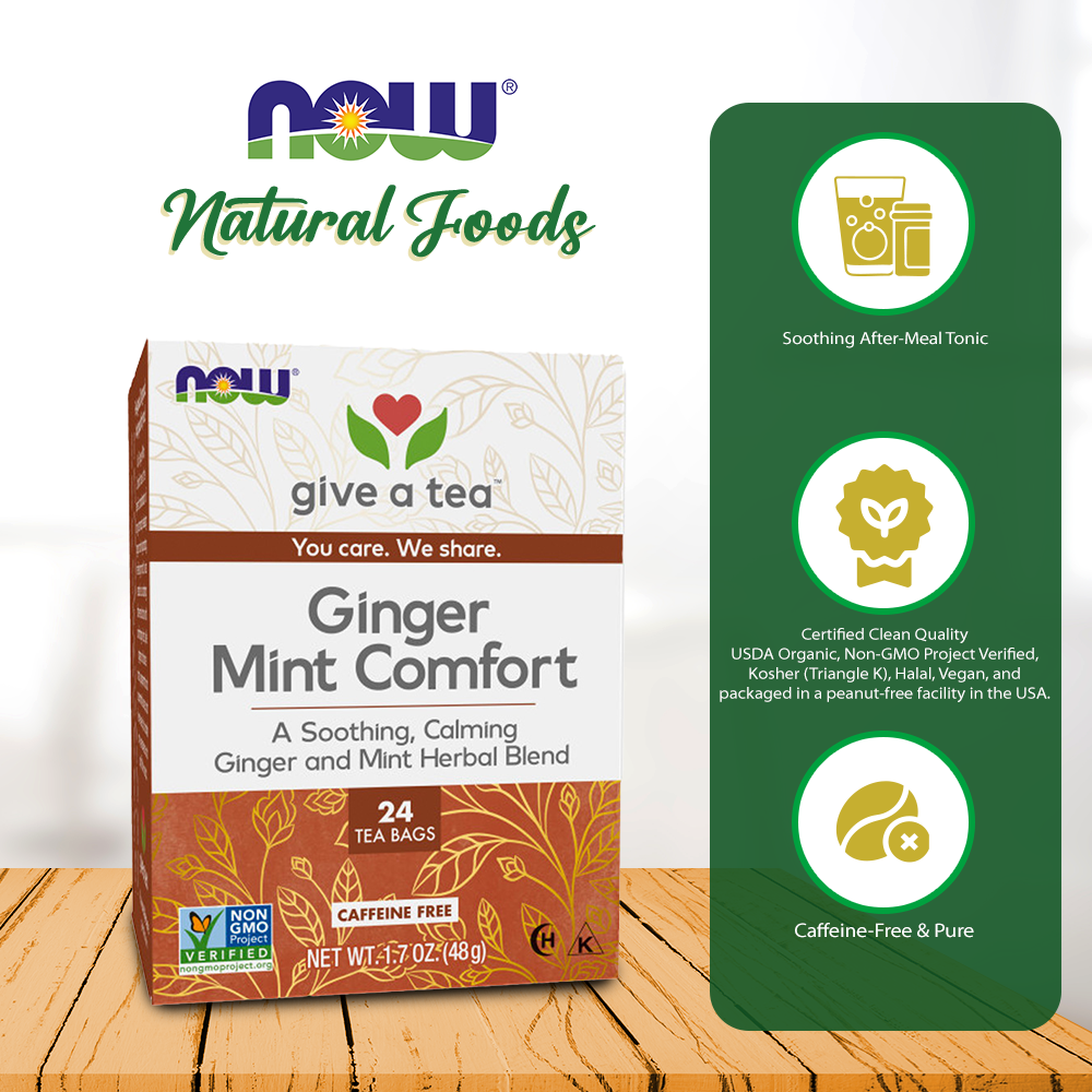 NOW Foods, Ginger Mint Comfort Tea, Calming and Tummy-Pleasing Ginger-Mint Herbal Blend, Caffeine-Free, Non-GMO, 24-Count Natural Foods NOW Foods USA