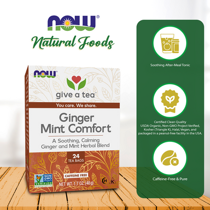 NOW Foods, Ginger Mint Comfort Tea, Calming and Tummy-Pleasing Ginger-Mint Herbal Blend, Caffeine-Free, Non-GMO, 24-Count Natural Foods NOW Foods USA