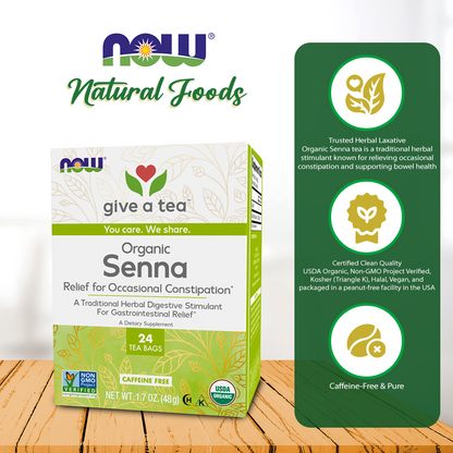 NOW Foods, Certified Organic Senna Tea, Caffeine Free, Relieving, Non-GMO, 24-Count Natural Foods NOW Foods USA