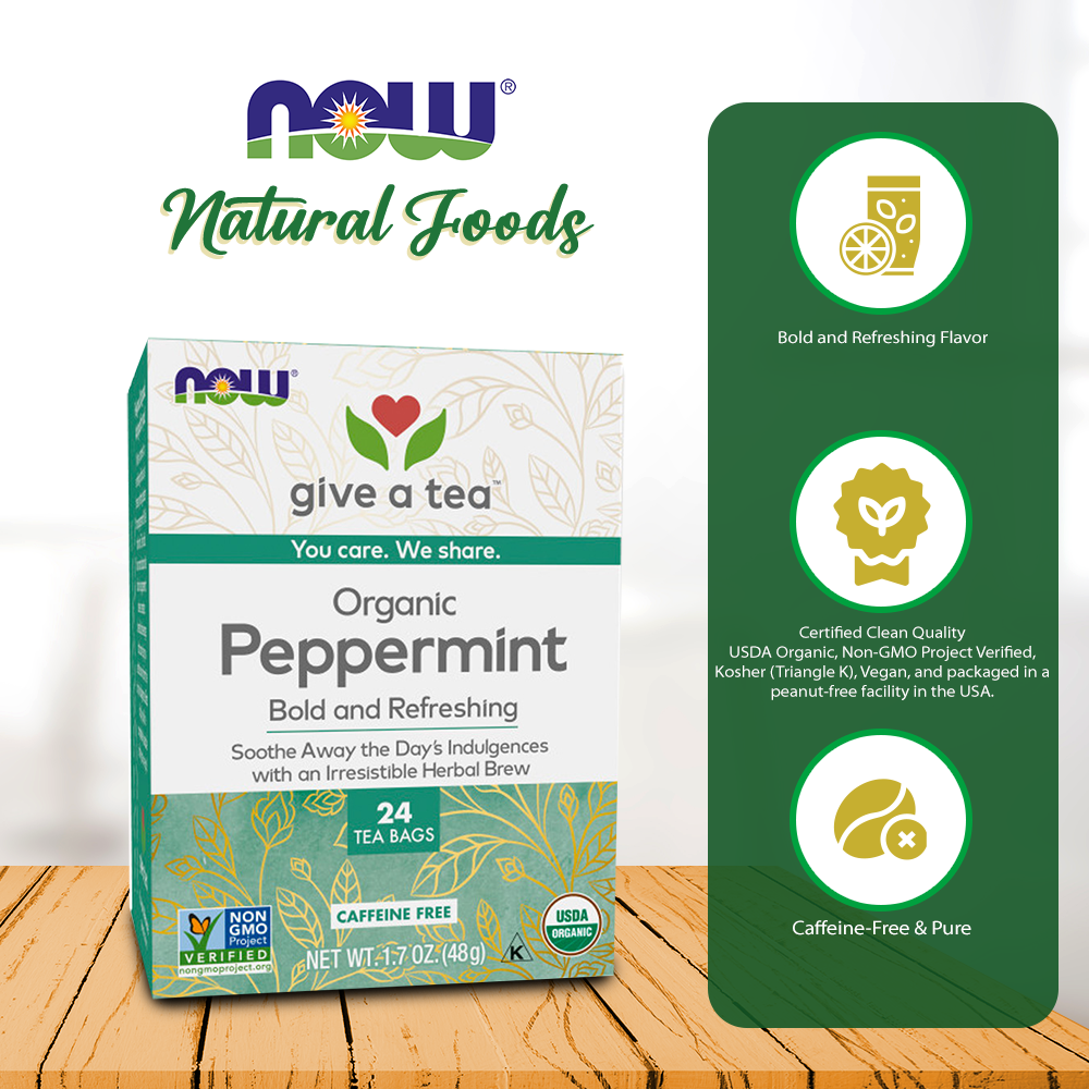 NOW Foods, Certified Organic Peppermint Tea, Soothing and Refreshing, Caffeine-Free, No Artificial Colors, Flavors, Preservatives or Sugars, 24-Count Natural Foods NOW Foods USA