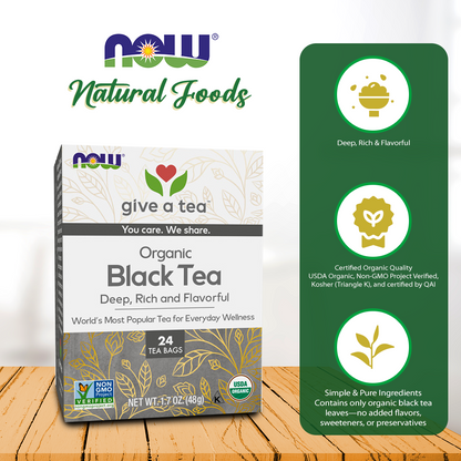 NOW Foods, Certified Organic Black Tea, Deep Rich Flavor, Non-GMO, with Catechins and Flavonols, 24-Count Beverages NOW Foods USA