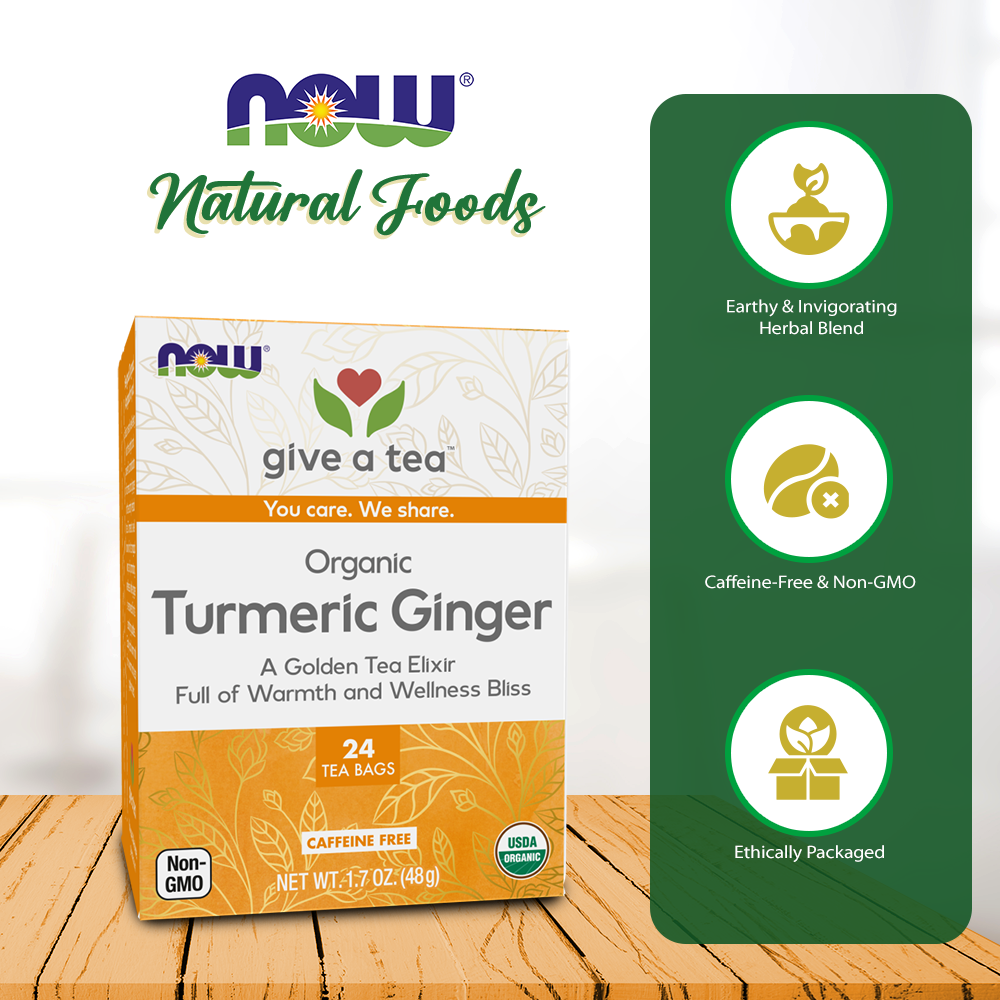 NOW Give a Tea, Organic Turmeric Ginger, Caffeine Free, 24 Tea Bags, 1.7 oz (48 g) Natural Foods NOW Foods USA