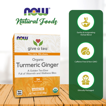 NOW Give a Tea, Organic Turmeric Ginger, Caffeine Free, 24 Tea Bags, 1.7 oz (48 g) Natural Foods NOW Foods USA