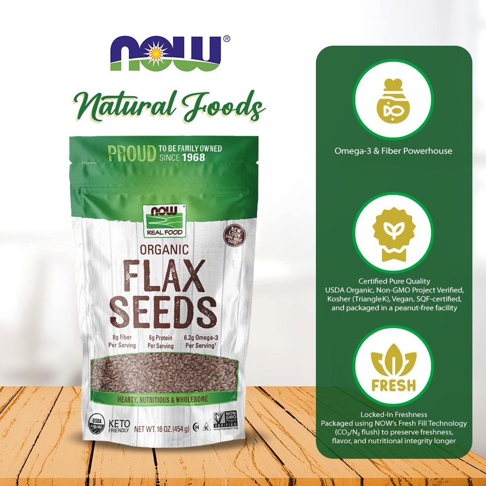 NOW Foods, Organic Flax Seeds, Source of Essential Fatty Acids and Fiber, Certified Non-GMO, Kosher, 1-Pound (454 g) Natural Foods NOW Foods USA
