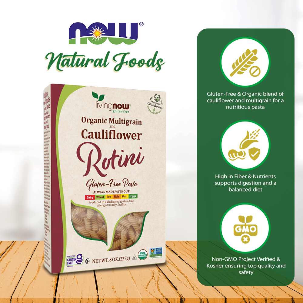 NOW, Living NOW, NOW Natural Foods, Organic Multigrain and Cauliflower Rotini Gluten Free Pasta, Made Without Dairy, Wheat, Soy, Nuts, Corn or Eggs, 8oz (227g) Natural Foods NOW Foods USA