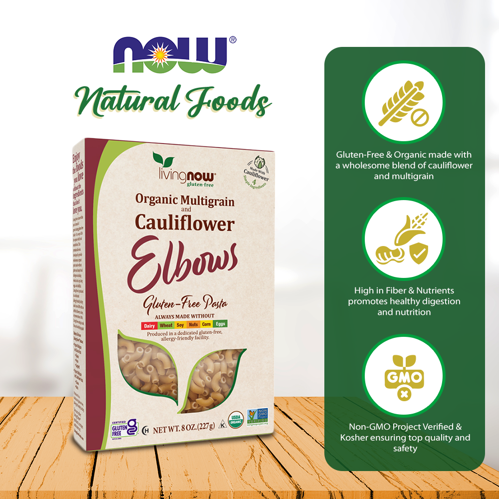 NOW, Living NOW, NOW Natural Foods, Organic Multigrain and Cauliflower Elbows Gluten Free Pasta, Made Without Dairy, Wheat, Soy, Nuts, Corn or Eggs, 8 oz (227g) Natural Foods NOW Foods USA