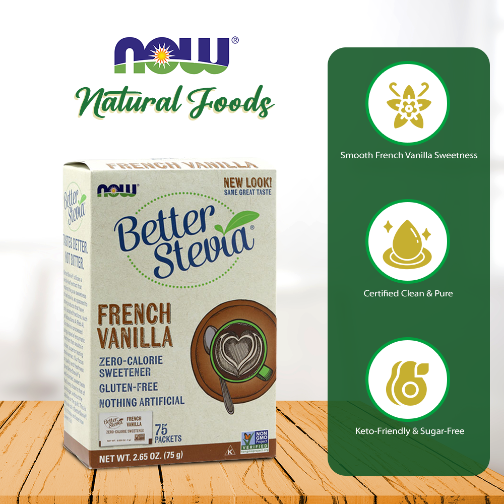NOW Foods, BetterStevia, French Vanilla, Zero-Calorie Sweetener, Gluten-Free, Certified Non-GMO, 75 Packets/Box, 2.65 oz (75 g) Natural Foods NOW Foods USA
