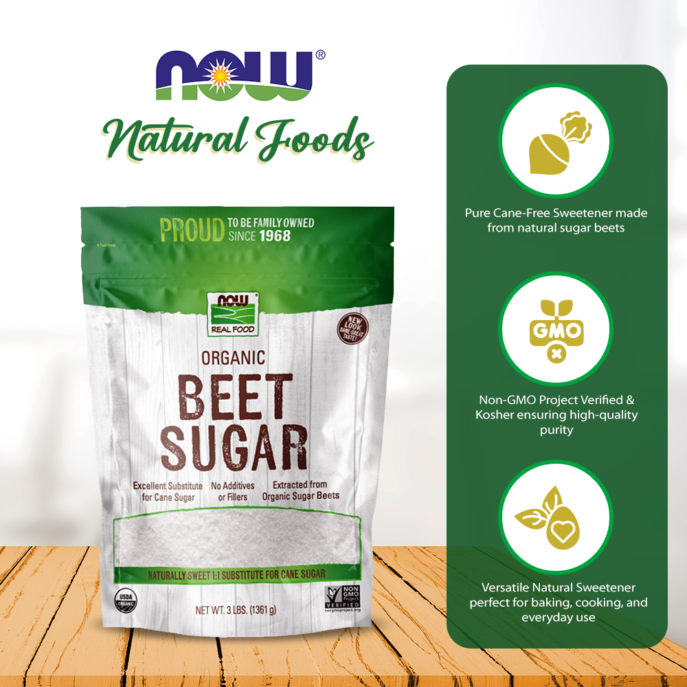 NOW Foods, Certified Organic Beet Sugar, Extracted from Organic Sugar Beets, Excellent Substitute for Cane Sugar, No Additivies or Fillers, Certified Non-GMO, 3-Pound (1361g) Natural Foods NOW Foods USA