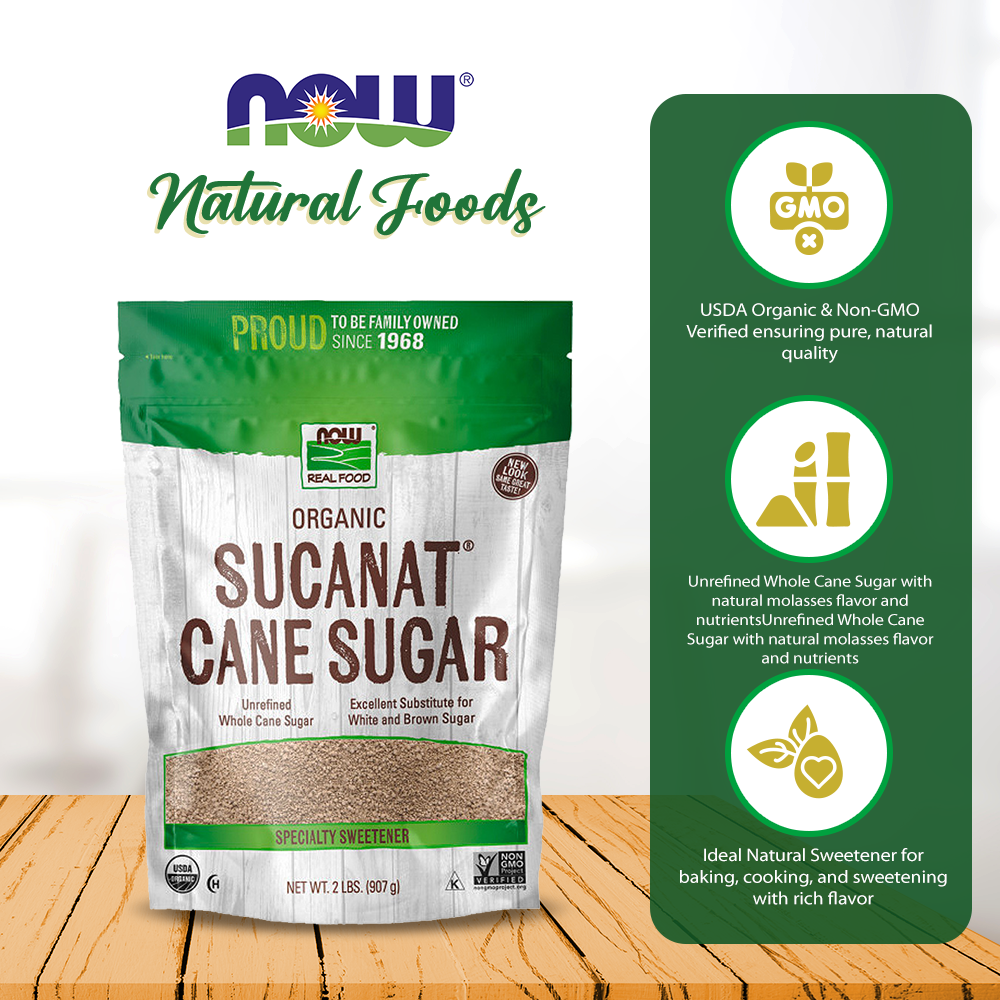 NOW Foods, Certified Organic Sucanat Cane Sugar, Powder from Pure Evaporated Cane Syrup, Excellent Substitute for White and Brown Sugar, Certified Non-GMO, 2-Pound (907g) Natural Foods NOW Foods USA