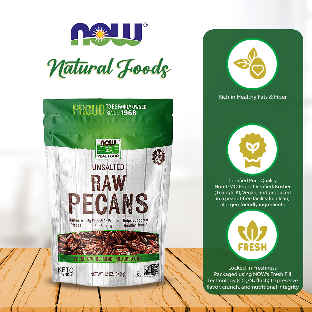 NOW Foods, Pecans, Raw and Unsalted, Halves and Pieces, Natural Source of Essential Fatty Acids, Grown in the USA, 12-Ounce (340g) Natural Foods NOW Foods USA