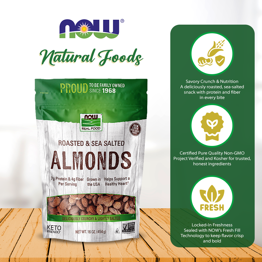 NOW Foods, Almonds, Roasted with Sea Salt, Source of Protein, Fiber and Healthy Fatty Acids, Grown in the USA, Certified Non-GMO, 16-Oz (454g) Natural Foods NOW Foods USA
