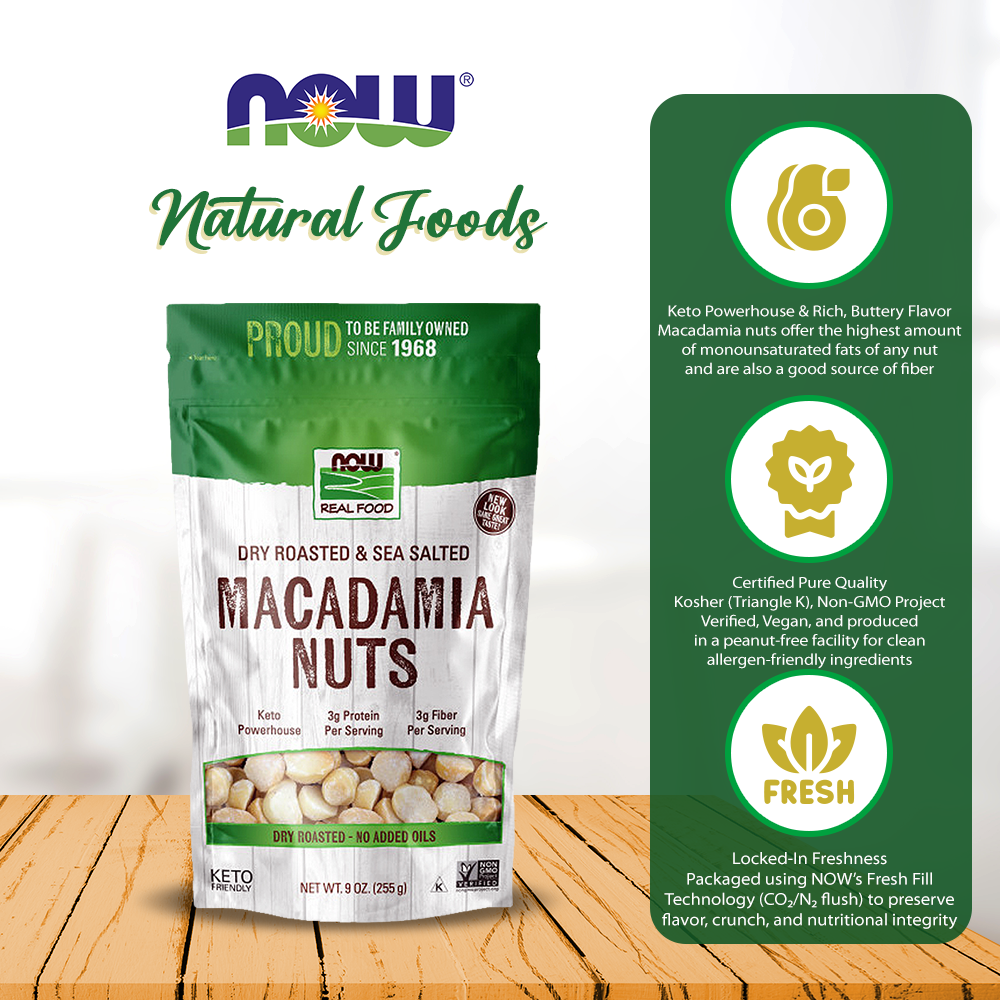 NOW Foods, Macadamia Nuts, Dry Roasted with Sea Salt, Source of Fiber, Gluten-Free and Certified Non-GMO, 9-Ounce (255 g) Natural Foods NOW Foods USA