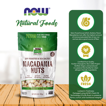 NOW Foods, Macadamia Nuts, Dry Roasted with Sea Salt, Source of Fiber, Gluten-Free and Certified Non-GMO, 9-Ounce (255 g) Natural Foods NOW Foods USA