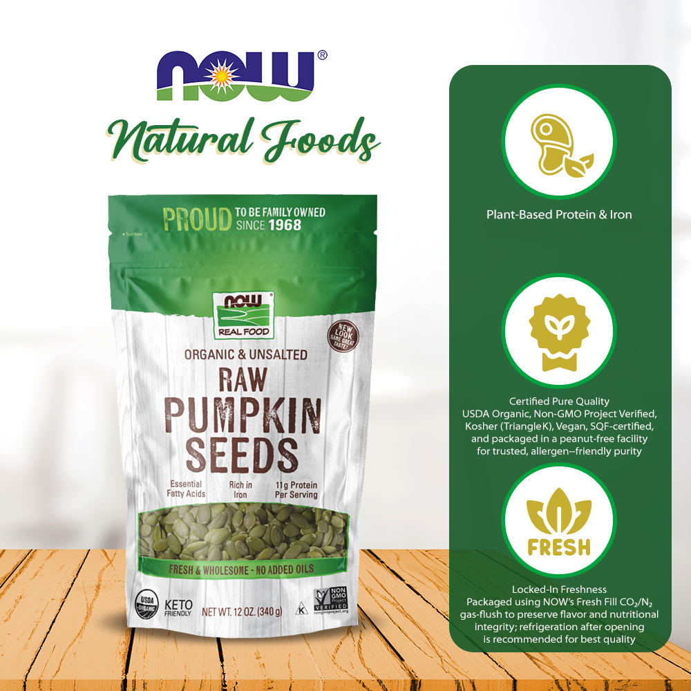 NOW Foods, Organic Pumpkin Seeds, Raw and Unsalted, Excellent Source of Protein and Iron, Certified Non-GMO, Keto-Friendly Snack, 12-Ounce (340g) Natural Foods NOW Foods USA